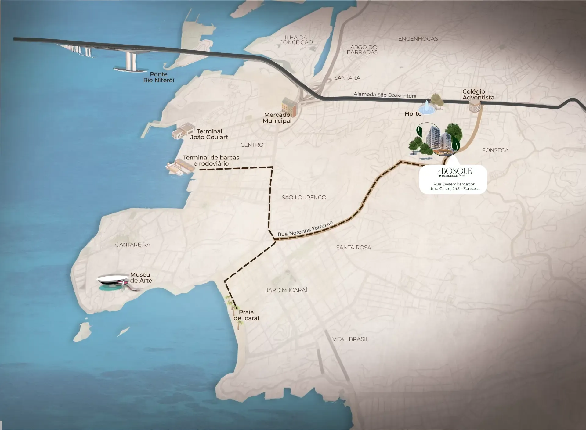 Mapa de localização do Bosque Residence no Fonseca, Niterói, com pontos de referência da região